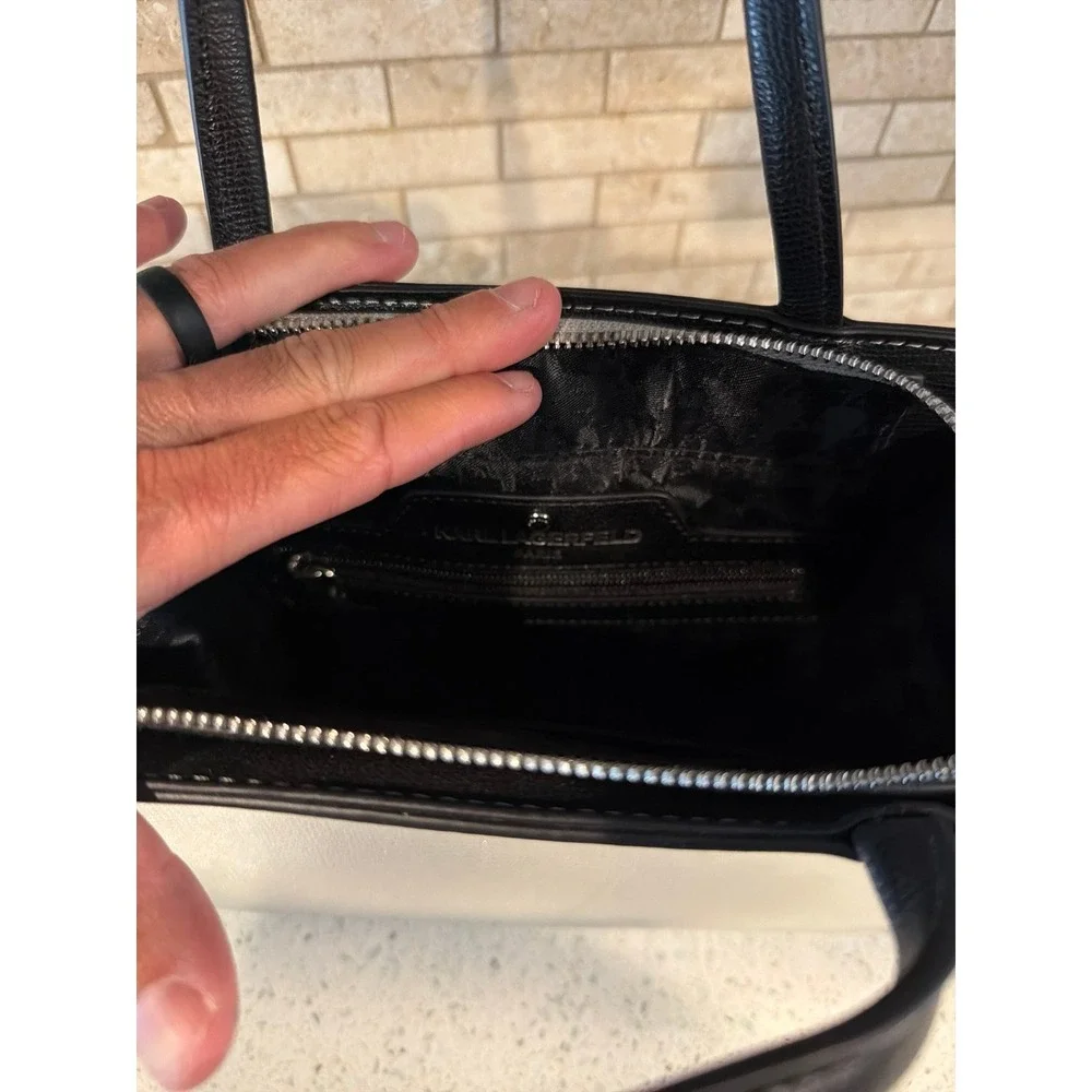 Karl Lagerfeld Paris Silver Metallic Satchel Handbag Top Handle Designer Purse